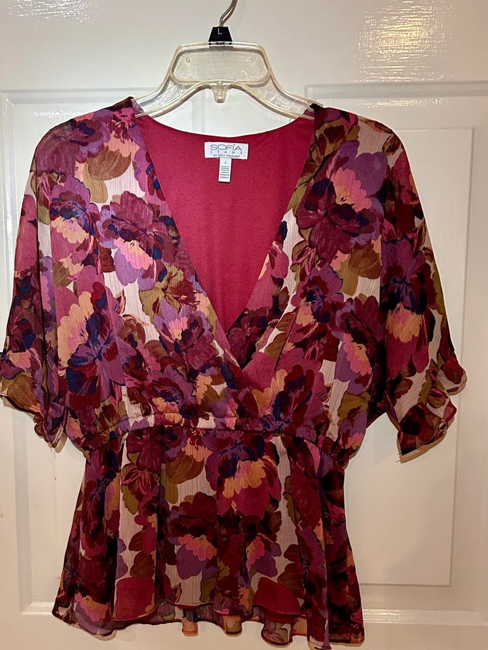 SOFIA Floral Surplice Peplum Blouse in Berry Mix